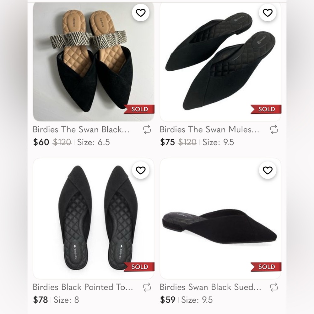 Birdies “The Swan” Black‎ Suede Mules Slippers Pointed Flats Shoes Womens 8 - Picture 8 of 14